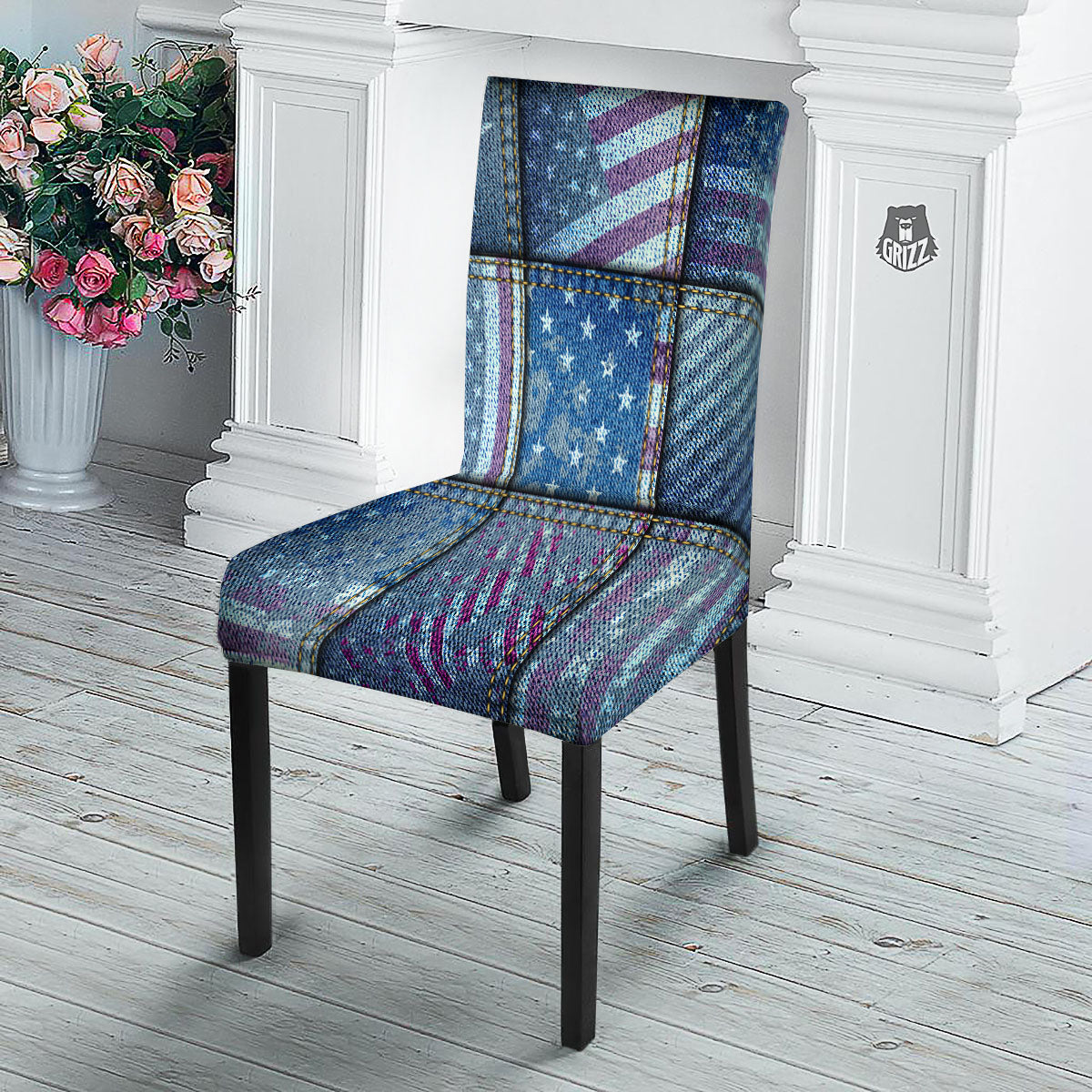 USA Denim Patchwork 4th of July Print Dining Chair Slipcover-grizzshop