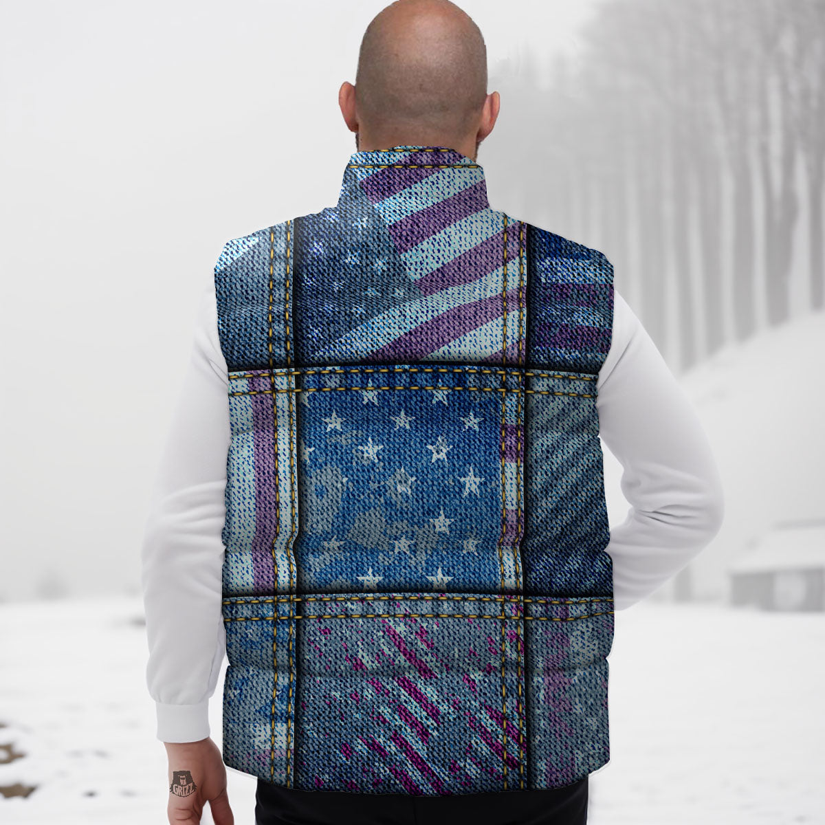 USA Denim Patchwork 4th of July Print Down Vest