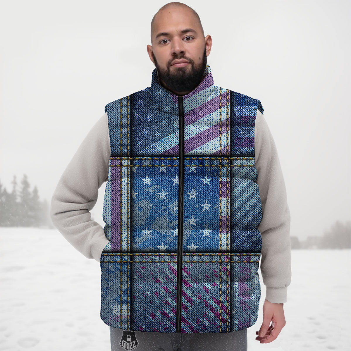 USA Denim Patchwork 4th of July Print Down Vest
