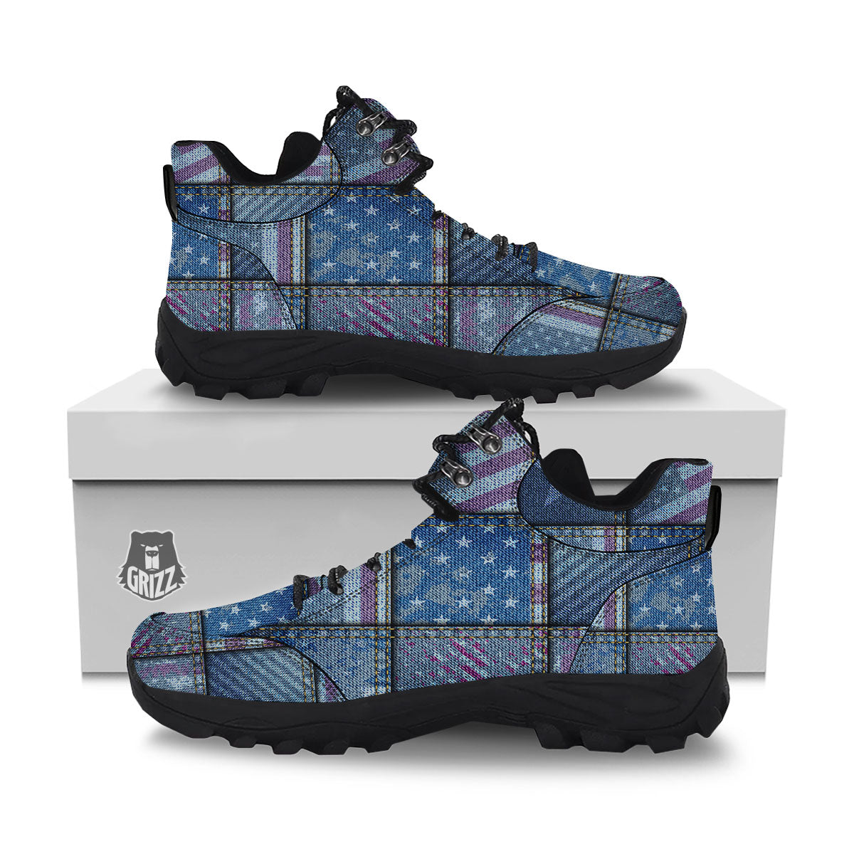 USA Denim Patchwork 4th of July Print Hiking Shoes-grizzshop