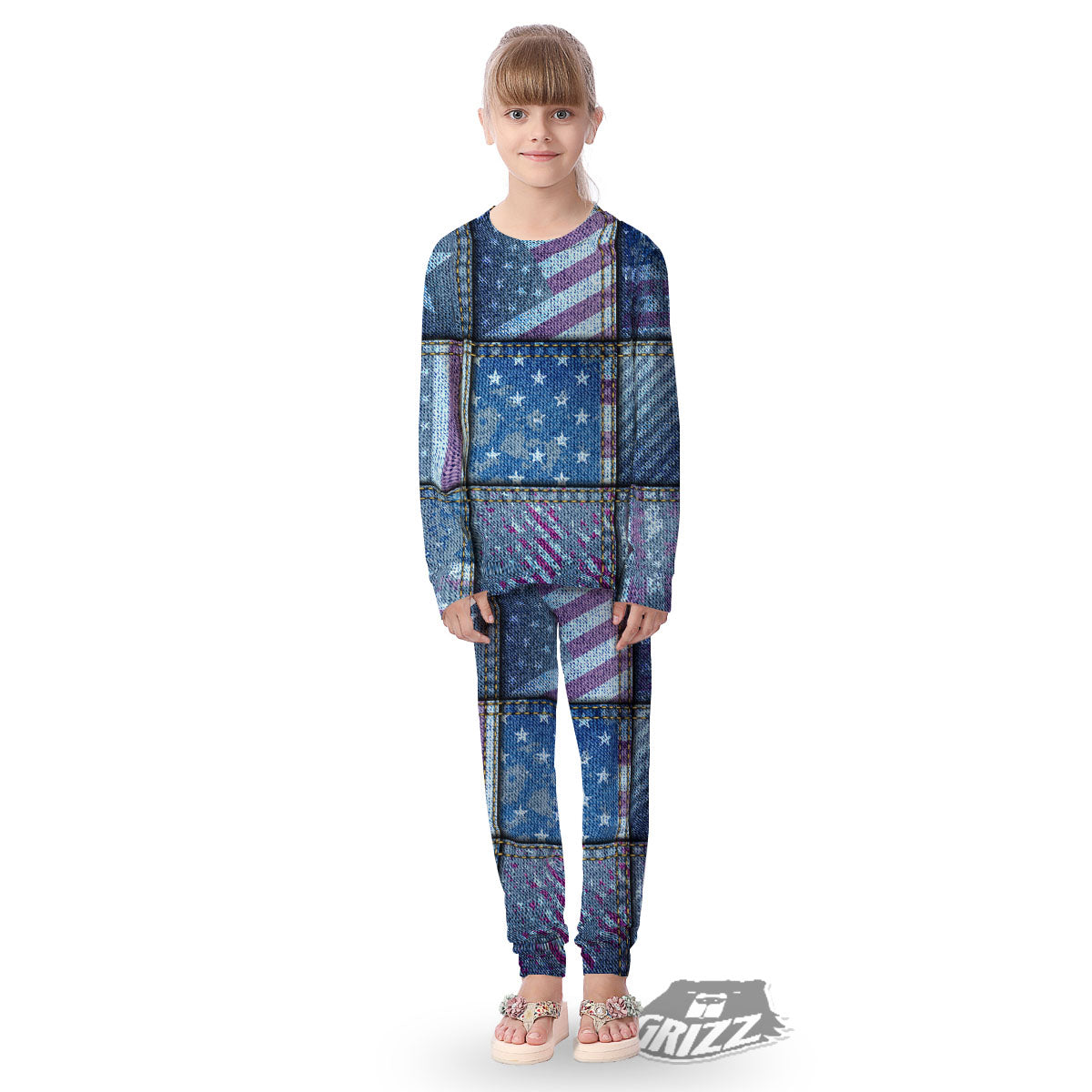 USA Denim Patchwork 4th of July Print Kid's Pajamas-grizzshop