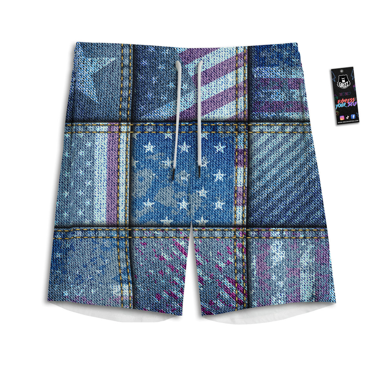 USA Denim Patchwork 4th of July Print Men's Athletic Shorts