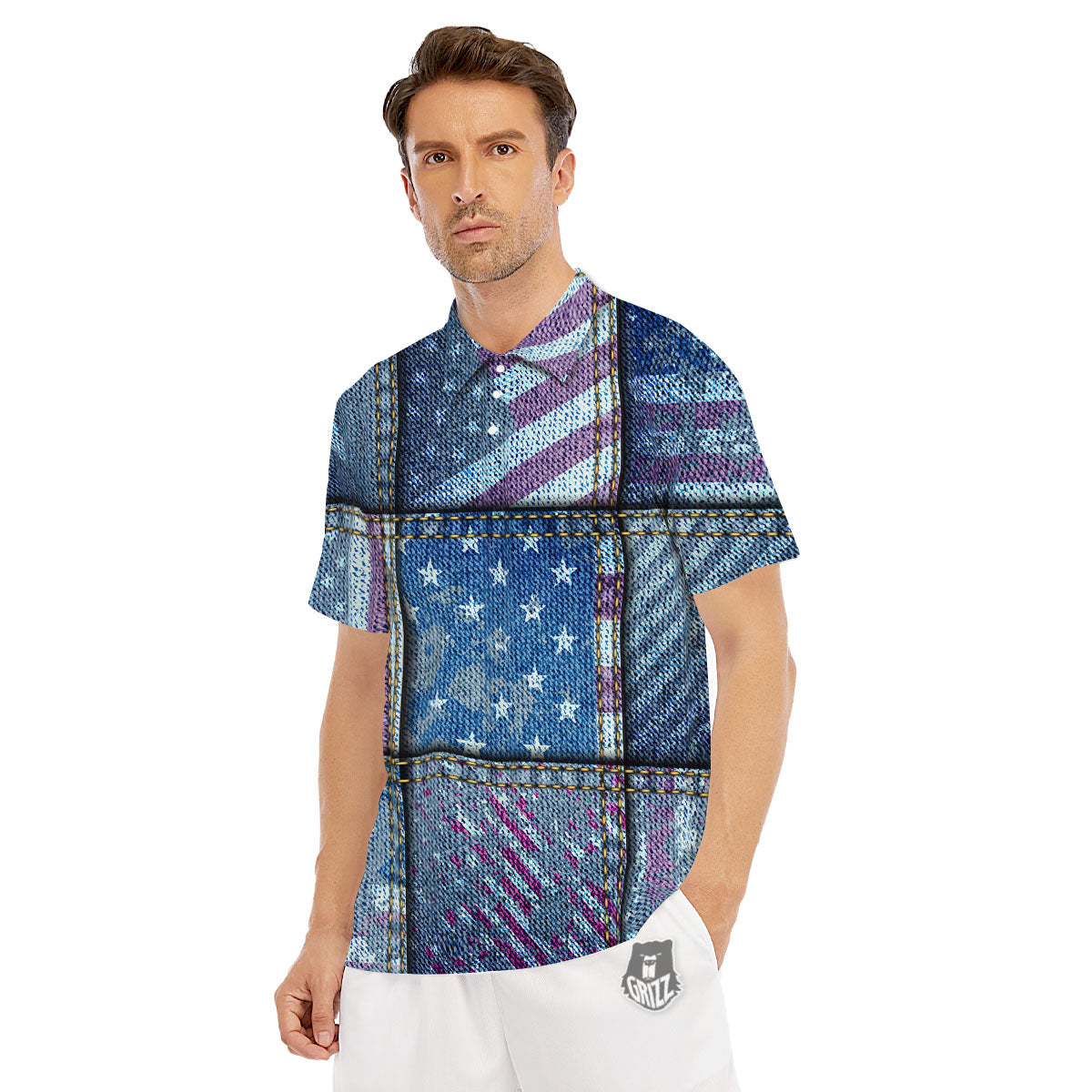 USA Denim Patchwork 4th of July Print Men's Golf Shirts-grizzshop