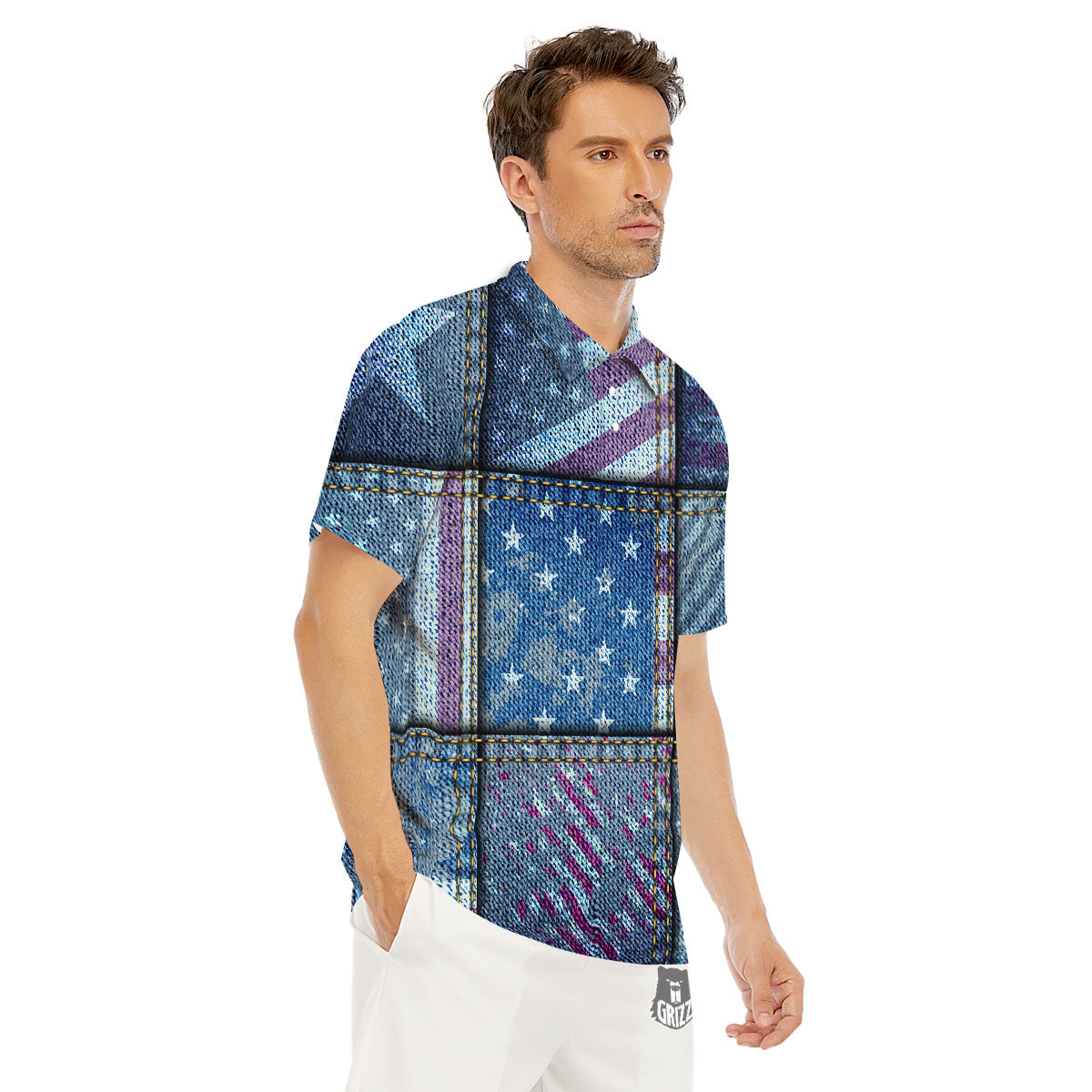 USA Denim Patchwork 4th of July Print Men's Golf Shirts-grizzshop