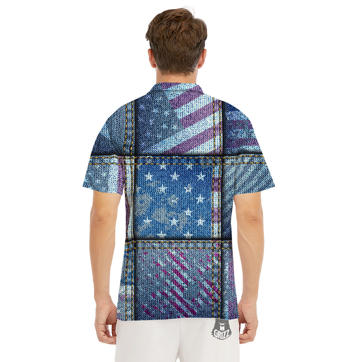 USA Denim Patchwork 4th of July Print Men's Golf Shirts-grizzshop