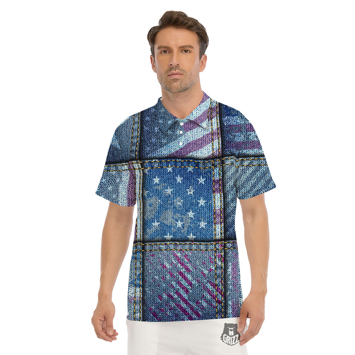 USA Denim Patchwork 4th of July Print Men's Golf Shirts-grizzshop