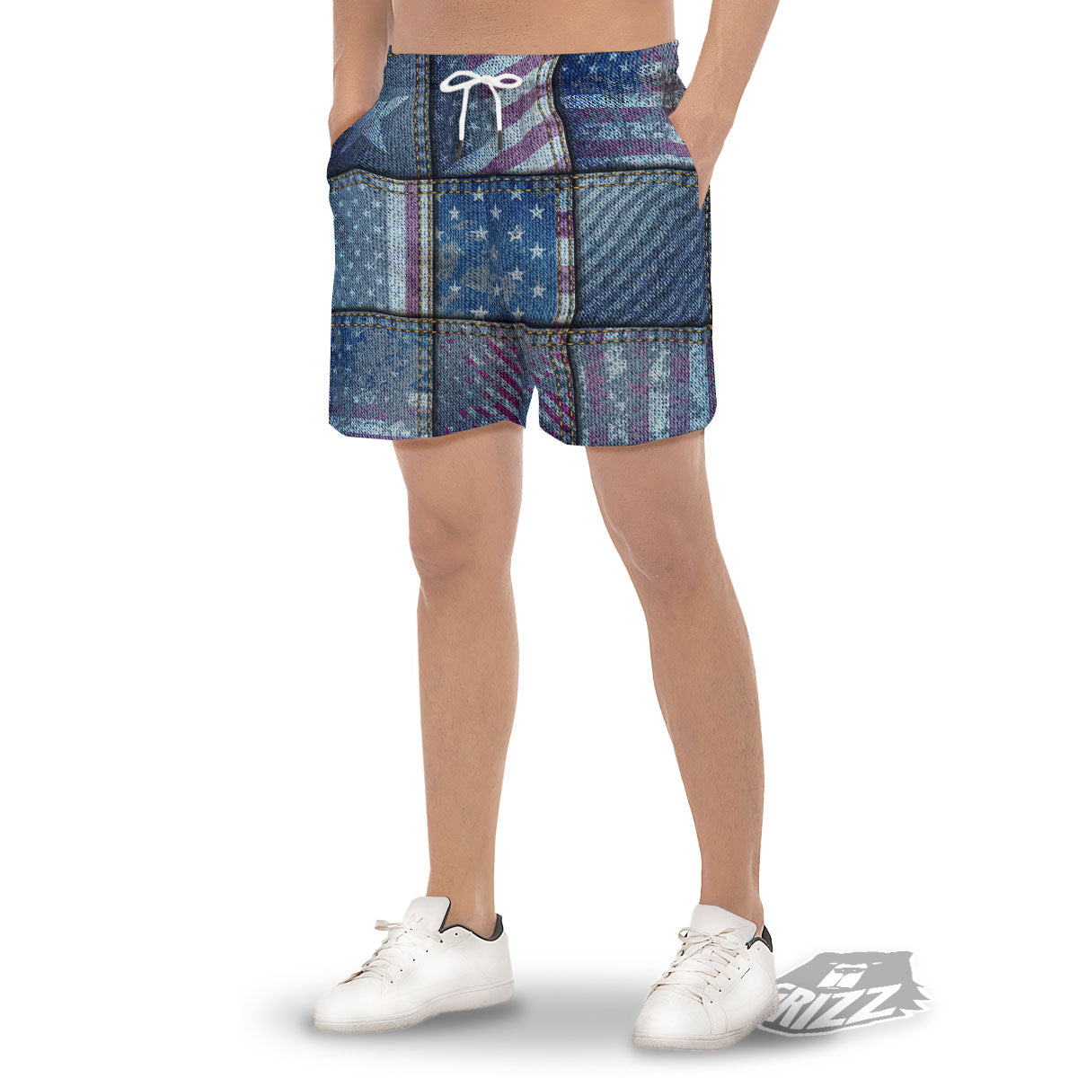 USA Denim Patchwork 4th of July Print Men's Gym Shorts-grizzshop