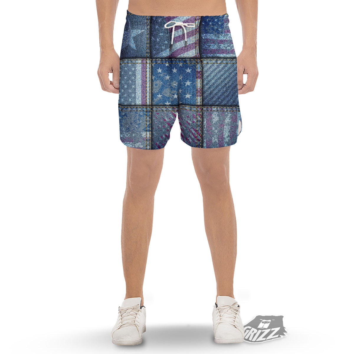 USA Denim Patchwork 4th of July Print Men's Gym Shorts-grizzshop