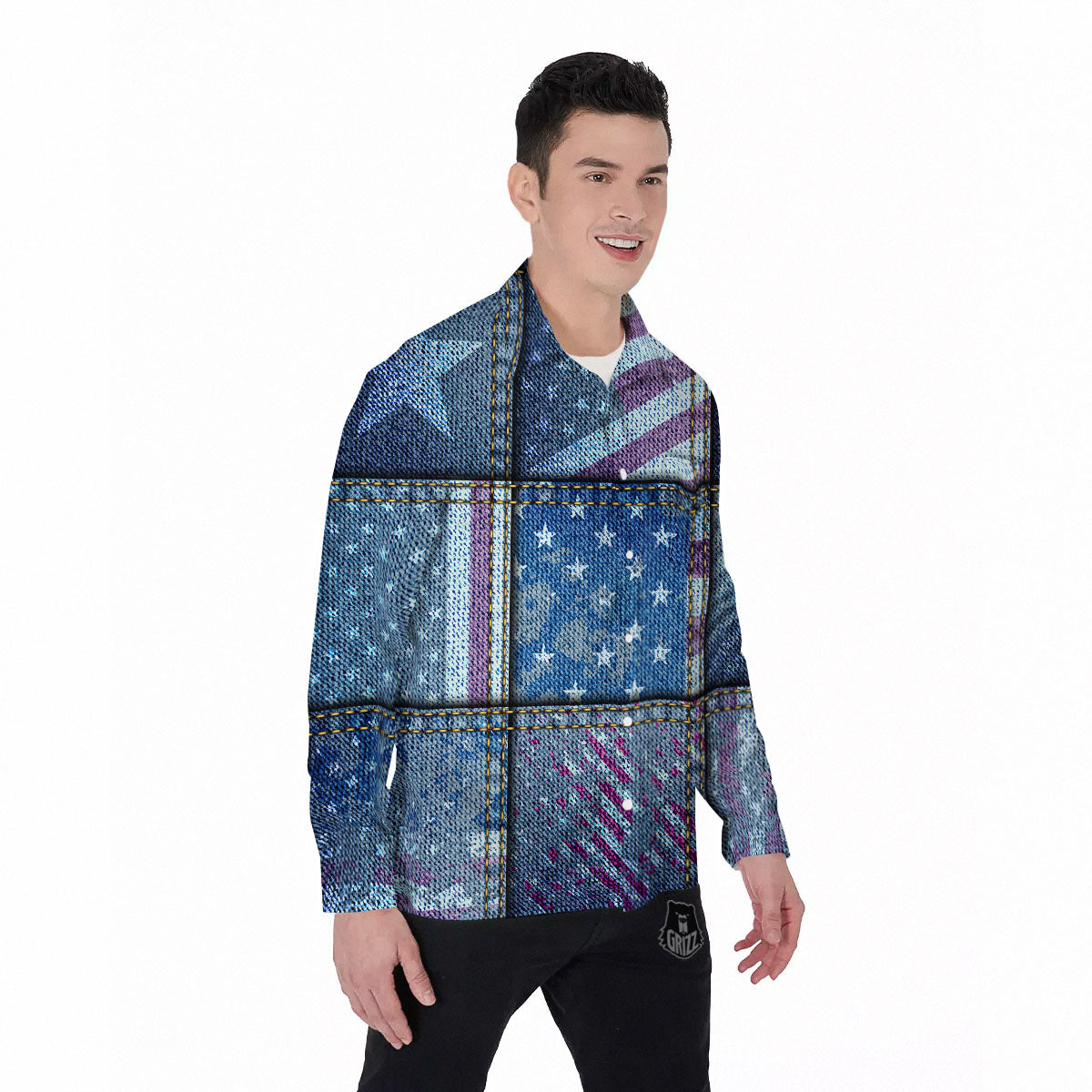 USA Denim Patchwork 4th of July Print Men's Long Sleeve Shirts-grizzshop