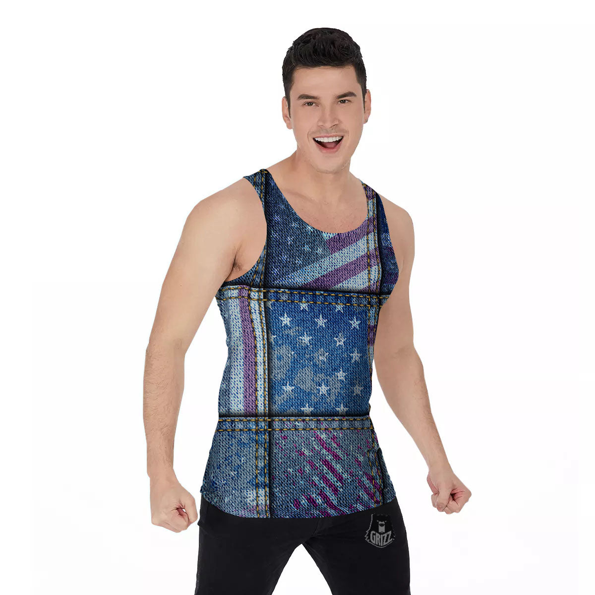 USA Denim Patchwork 4th of July Print Men's Tank Top-grizzshop