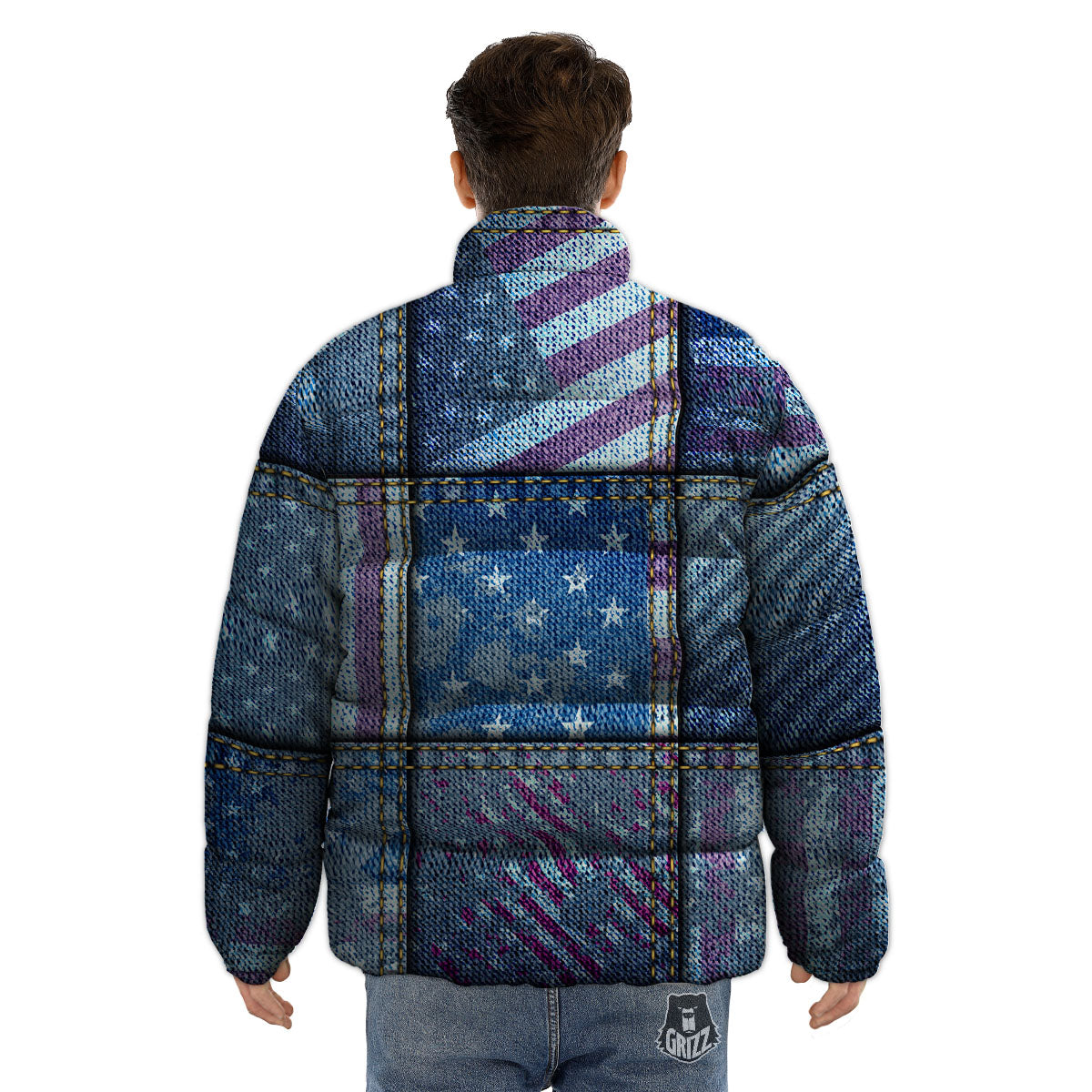 USA Denim Patchwork 4th of July Print Puffer Jacket-grizzshop