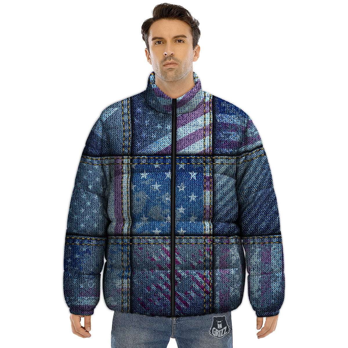 USA Denim Patchwork 4th of July Print Puffer Jacket-grizzshop