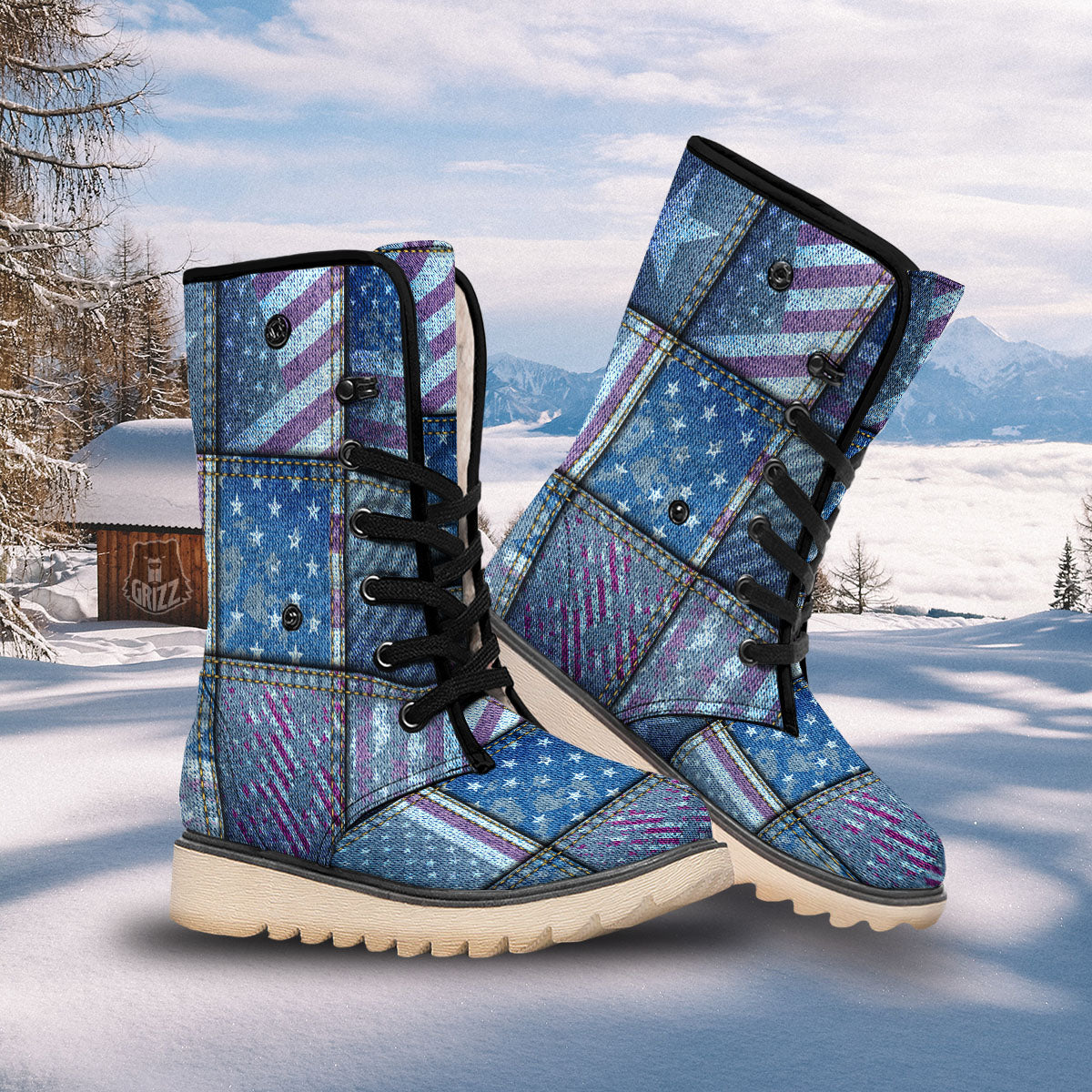 USA Denim Patchwork 4th of July Print Snow Boots-grizzshop