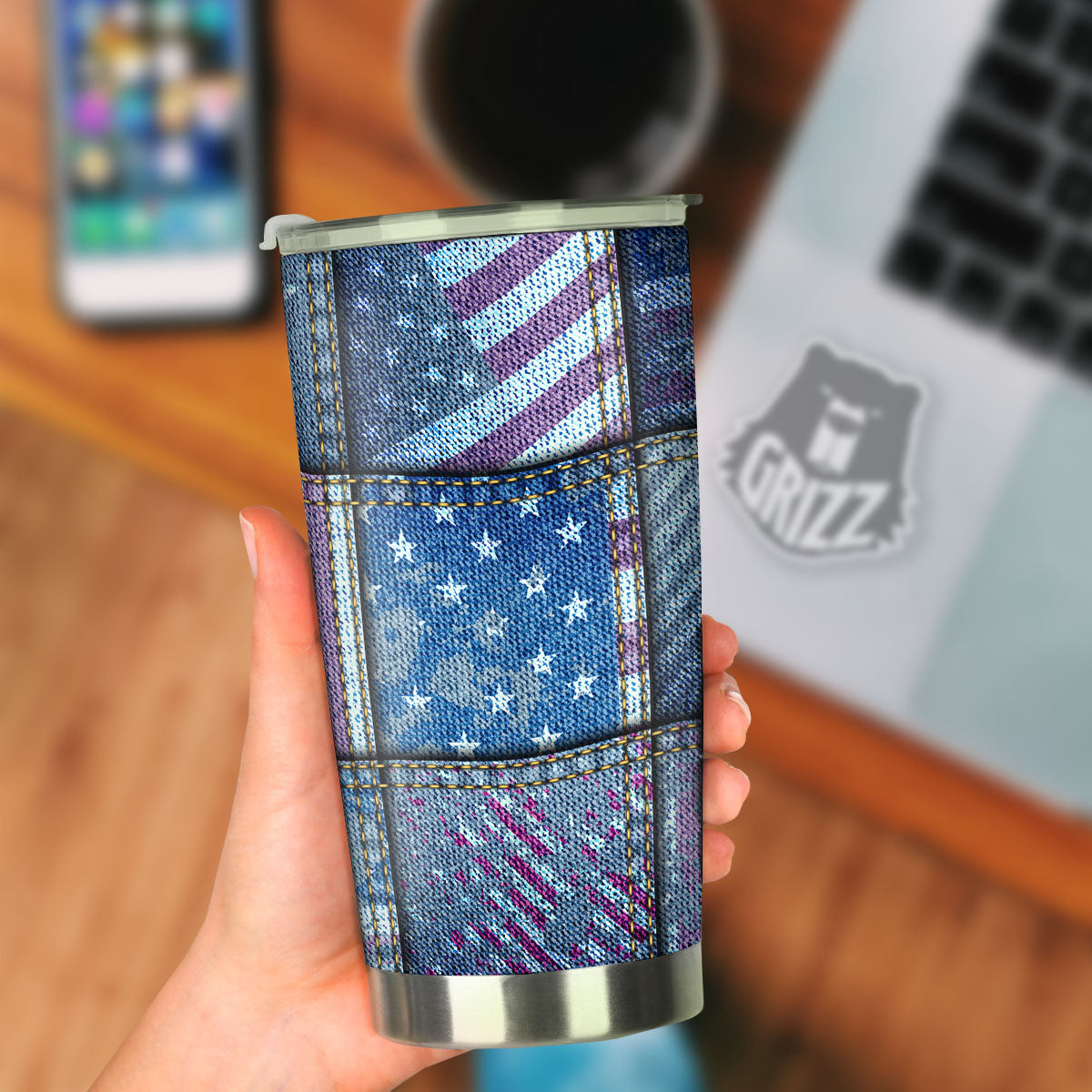 USA Denim Patchwork 4th of July Print Tumbler-grizzshop