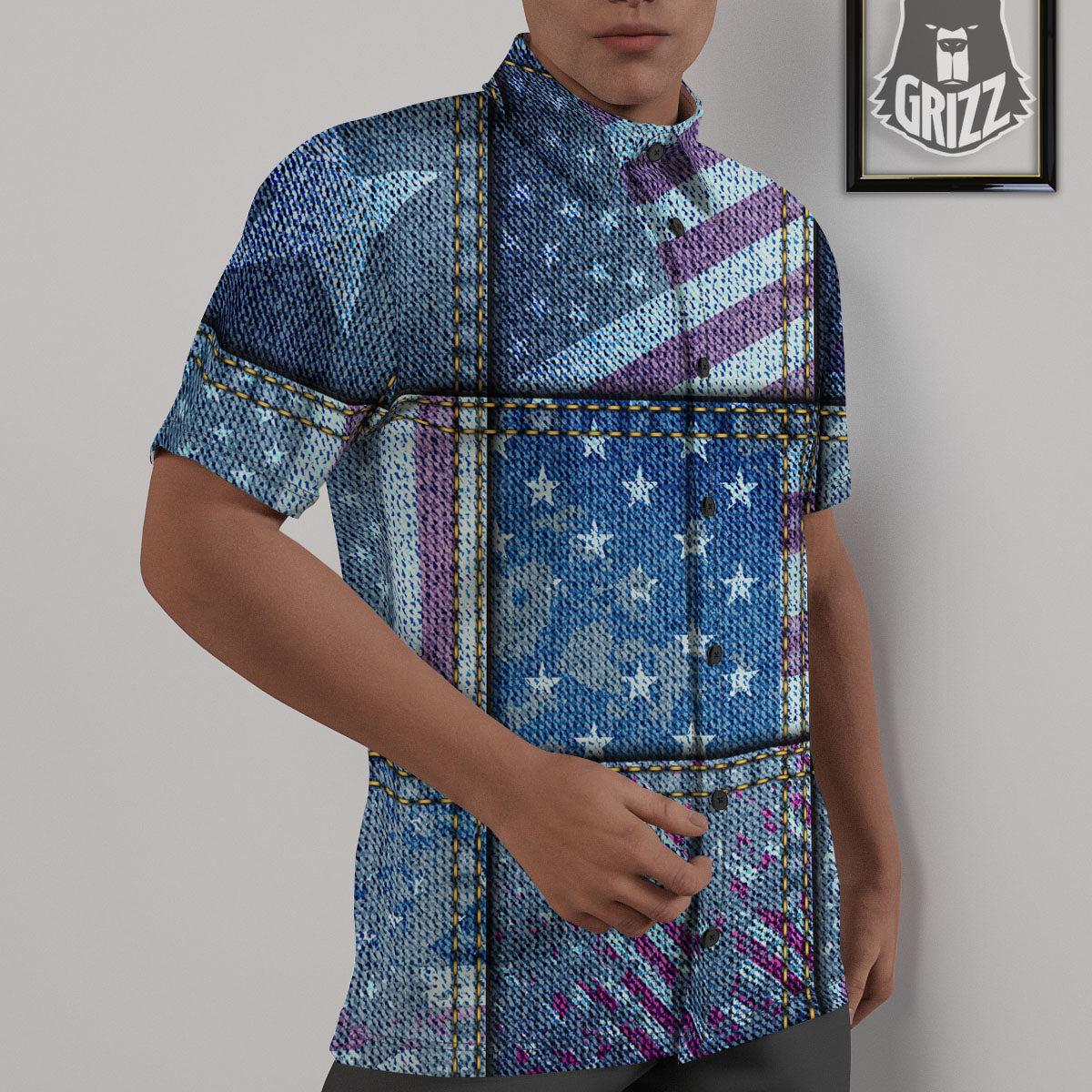 USA Denim Patchwork 4th of July Print Untucked Shirts-grizzshop