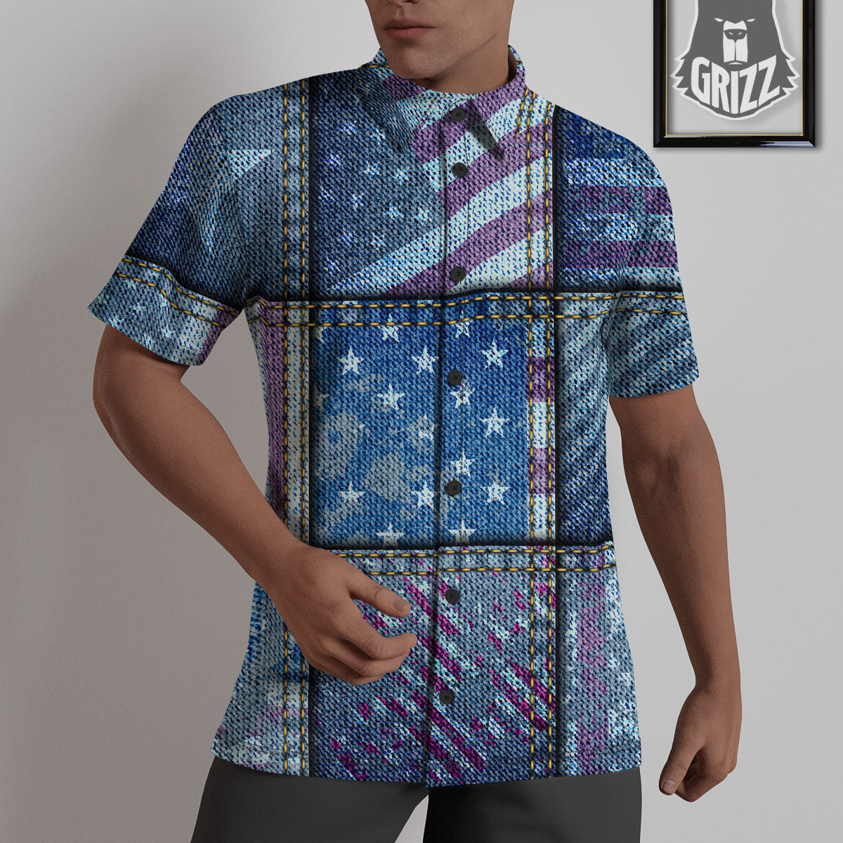 USA Denim Patchwork 4th of July Print Untucked Shirts-grizzshop