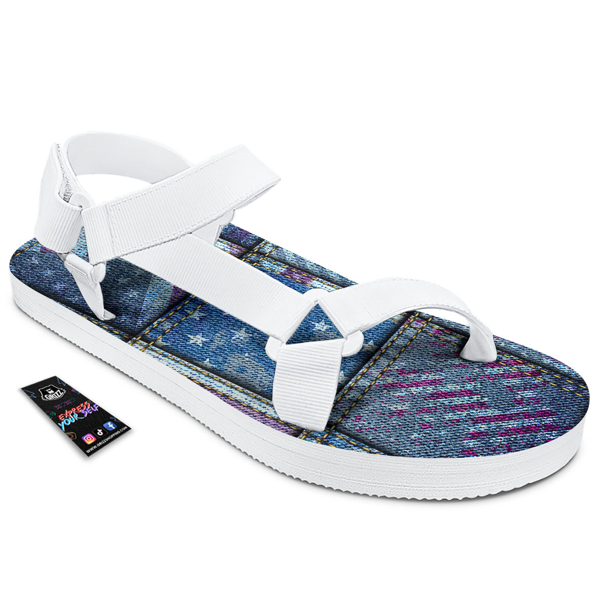 USA Denim Patchwork 4th of July Print White Open Toe Sandals-grizzshop