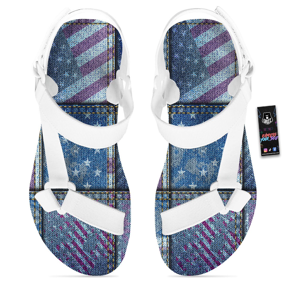 USA Denim Patchwork 4th of July Print White Open Toe Sandals-grizzshop