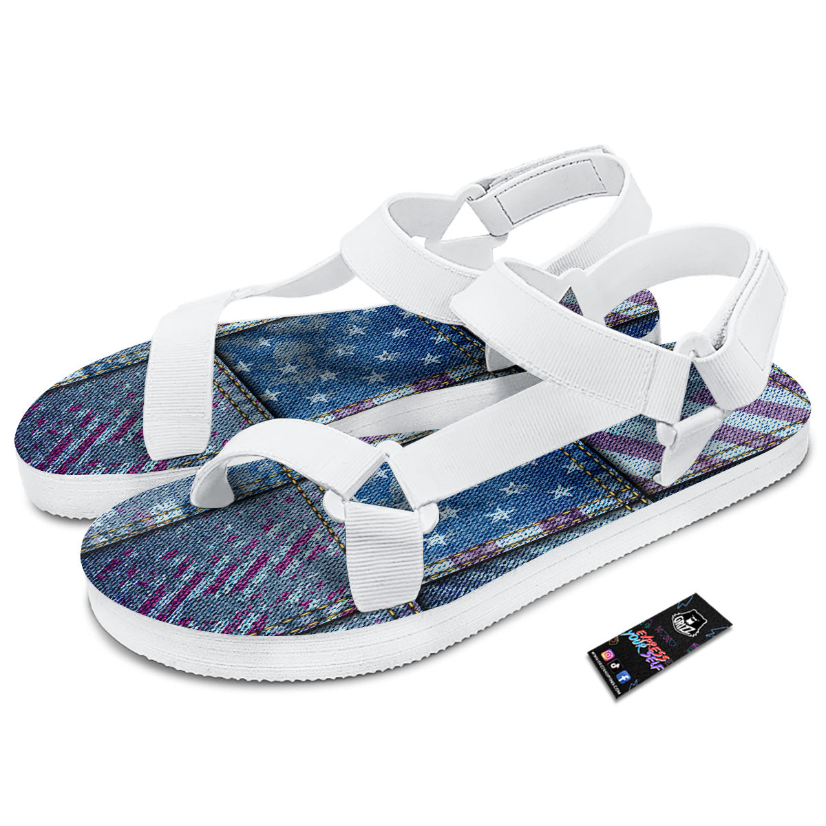 USA Denim Patchwork 4th of July Print White Open Toe Sandals-grizzshop