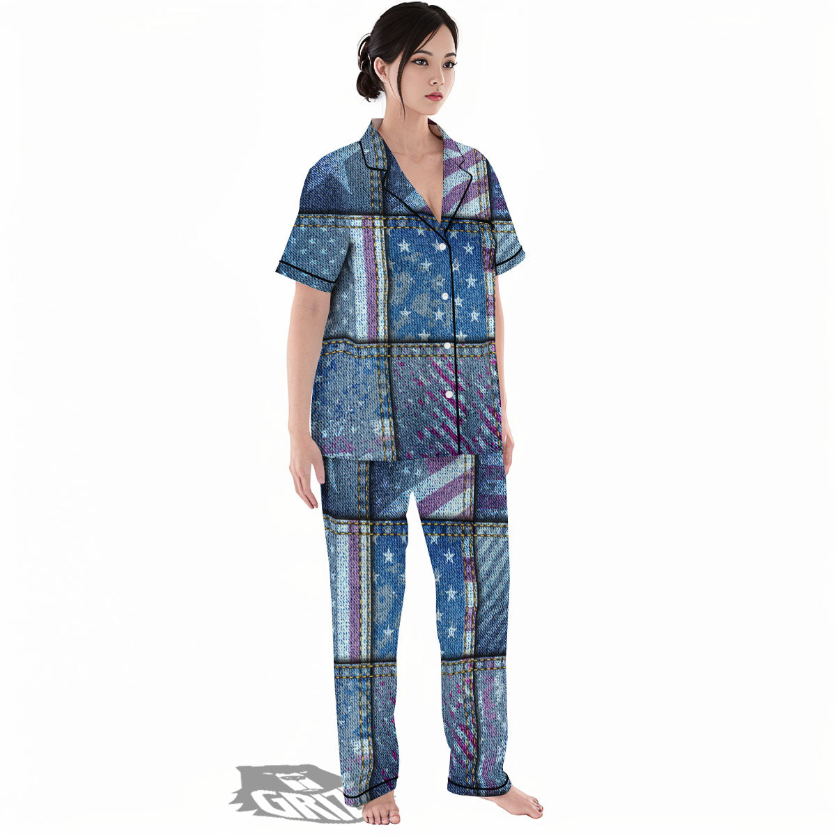 USA Denim Patchwork 4th of July Print Women's Pajamas Set-grizzshop