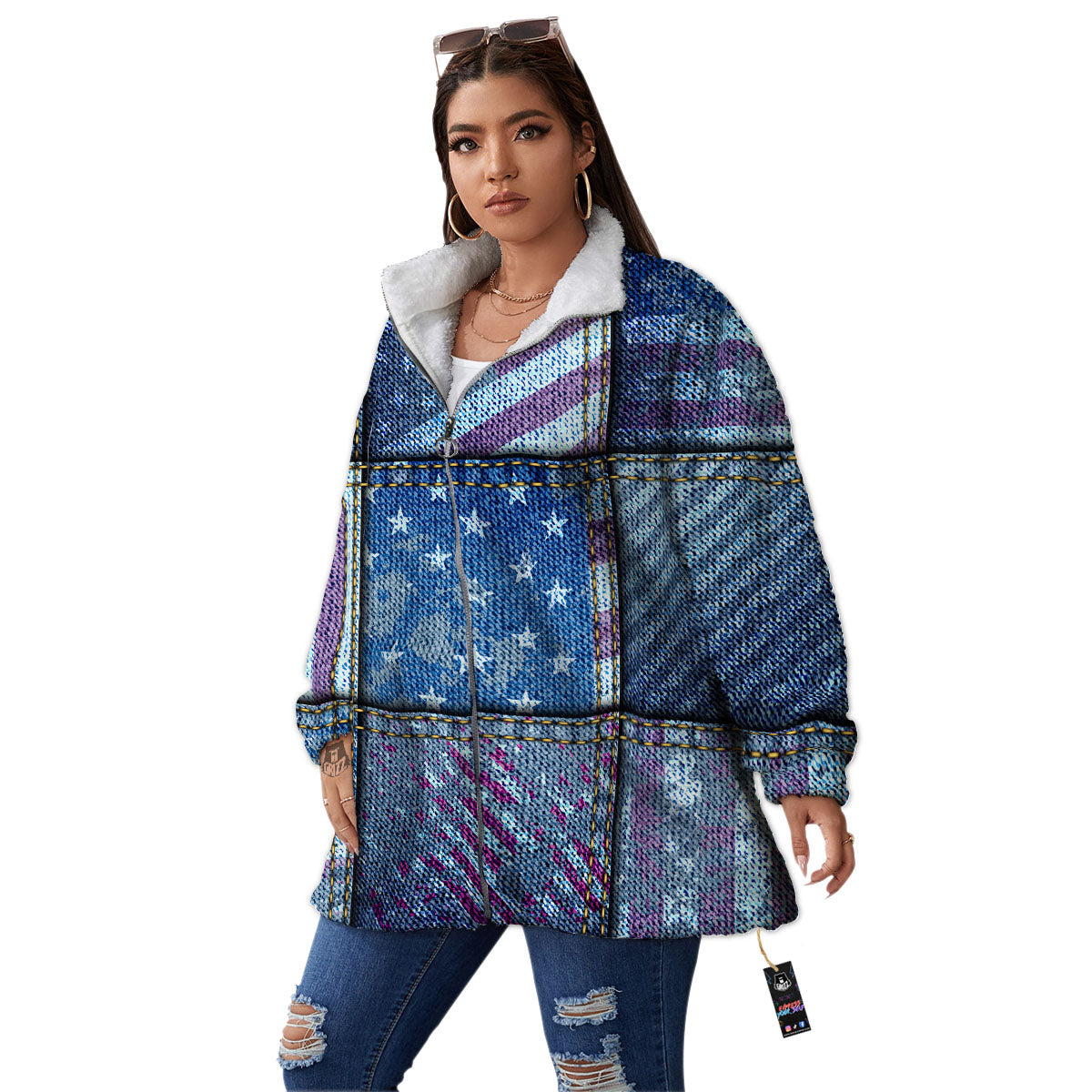 USA Denim Patchwork 4th of July Print Women's Sherpa Jacket-grizzshop