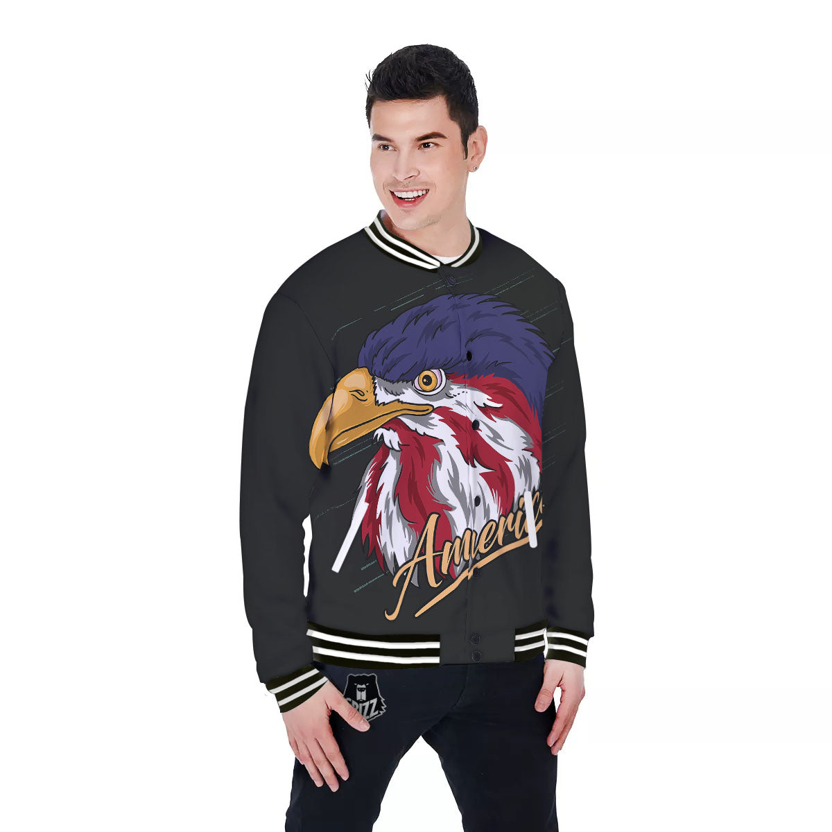 USA Eagle Patriotic Print Baseball Jacket-grizzshop