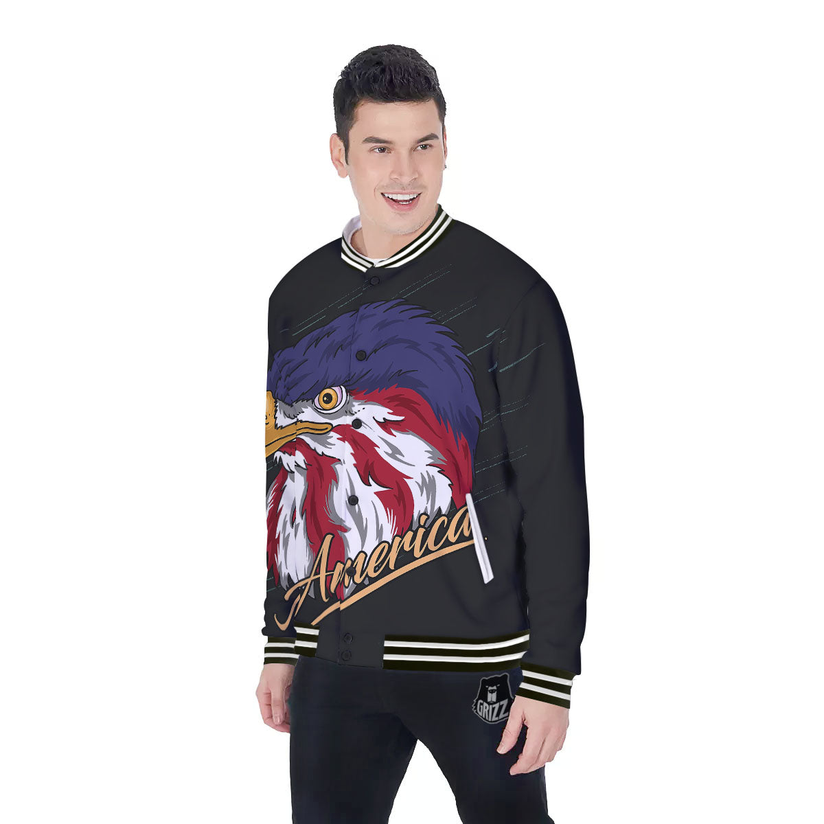 USA Eagle Patriotic Print Baseball Jacket-grizzshop