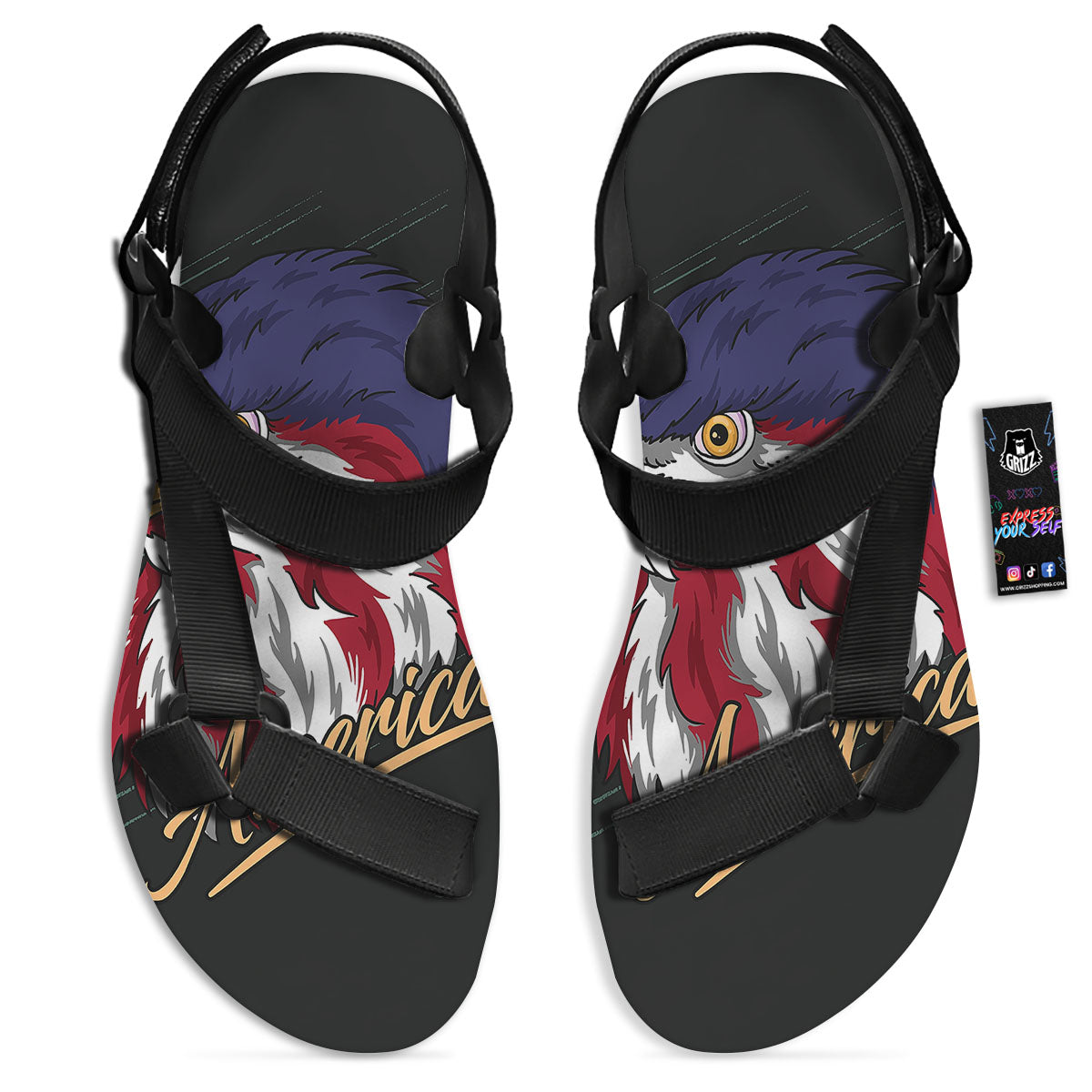 USA Eagle Patriotic Print Black Open Toe Sandals-grizzshop