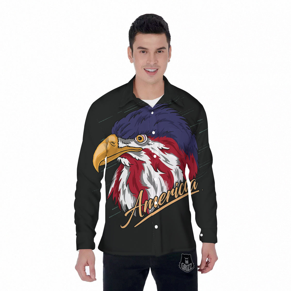 USA Eagle Patriotic Print Men's Long Sleeve Shirts-grizzshop