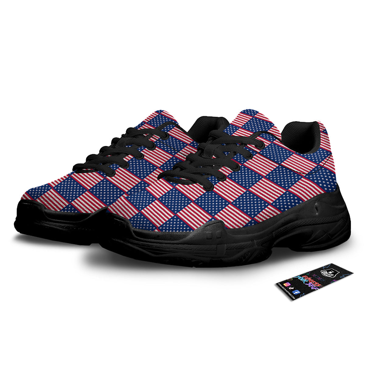 USA Flag 4th of July Print Pattern Black Chunky Shoes-grizzshop