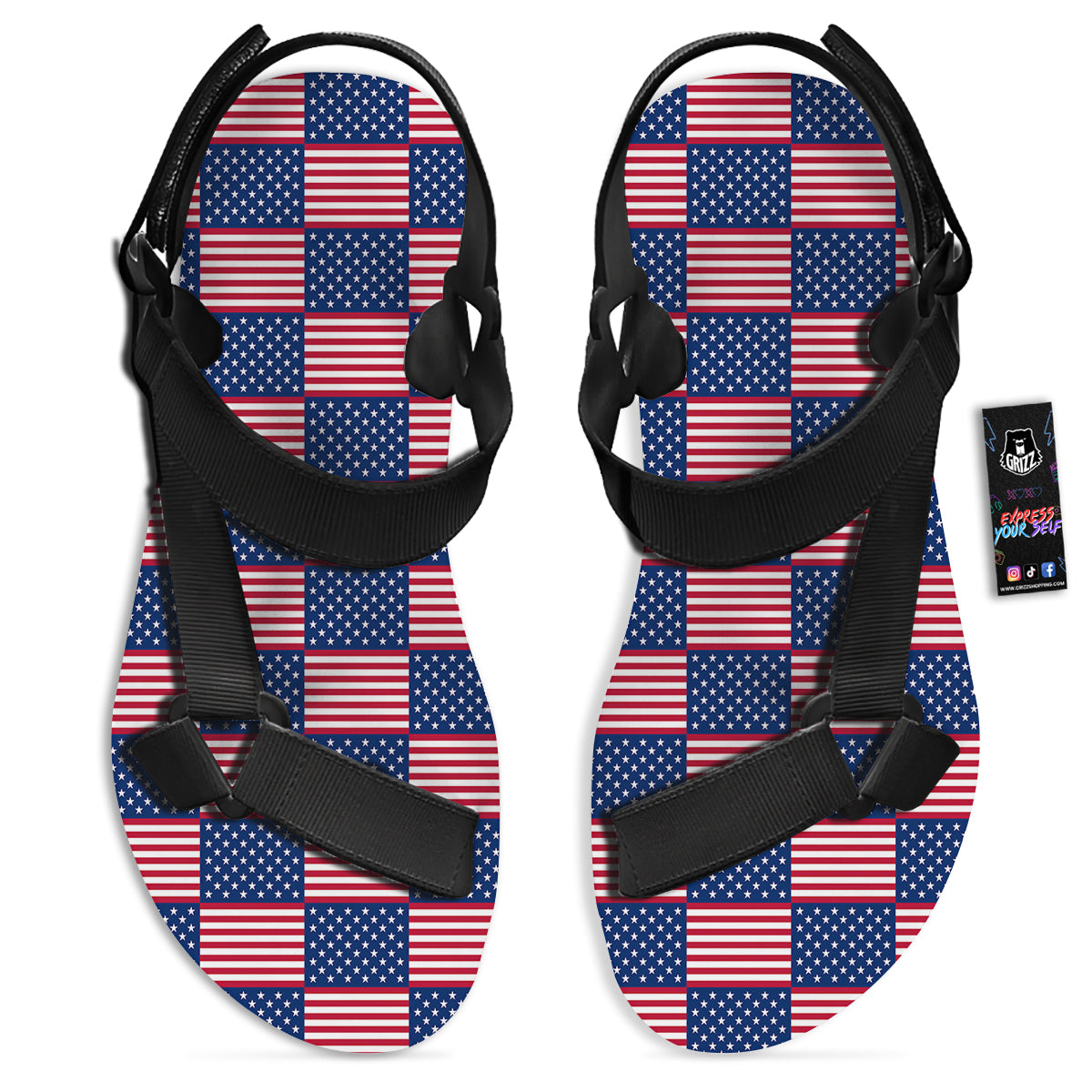 USA Flag 4th of July Print Pattern Black Open Toe Sandals-grizzshop