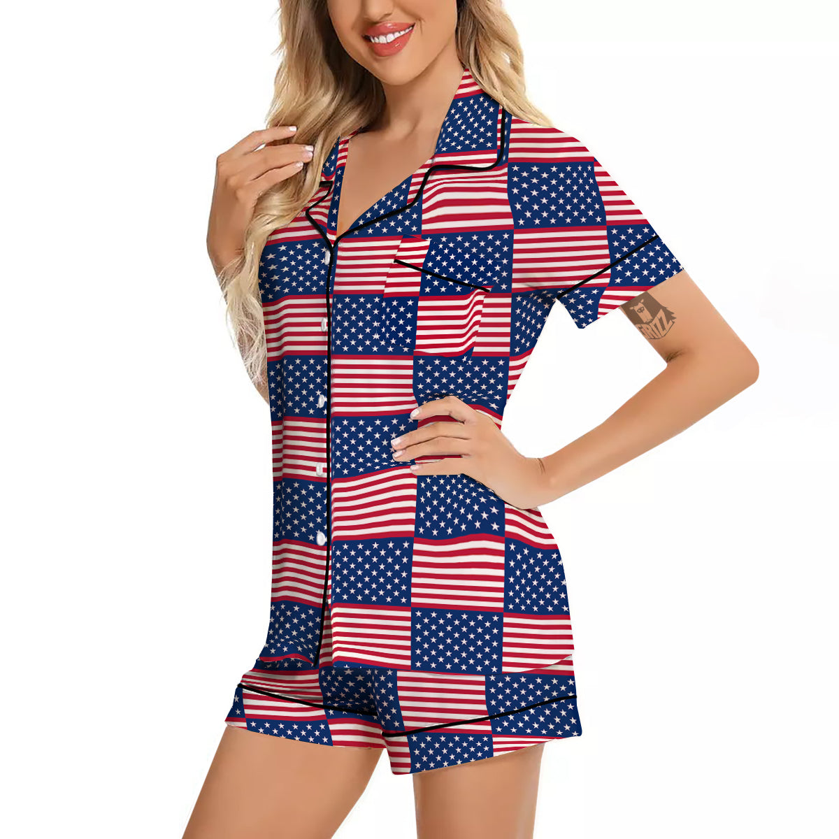 USA Flag 4th of July Print Pattern Women Silk Pajamas-grizzshop