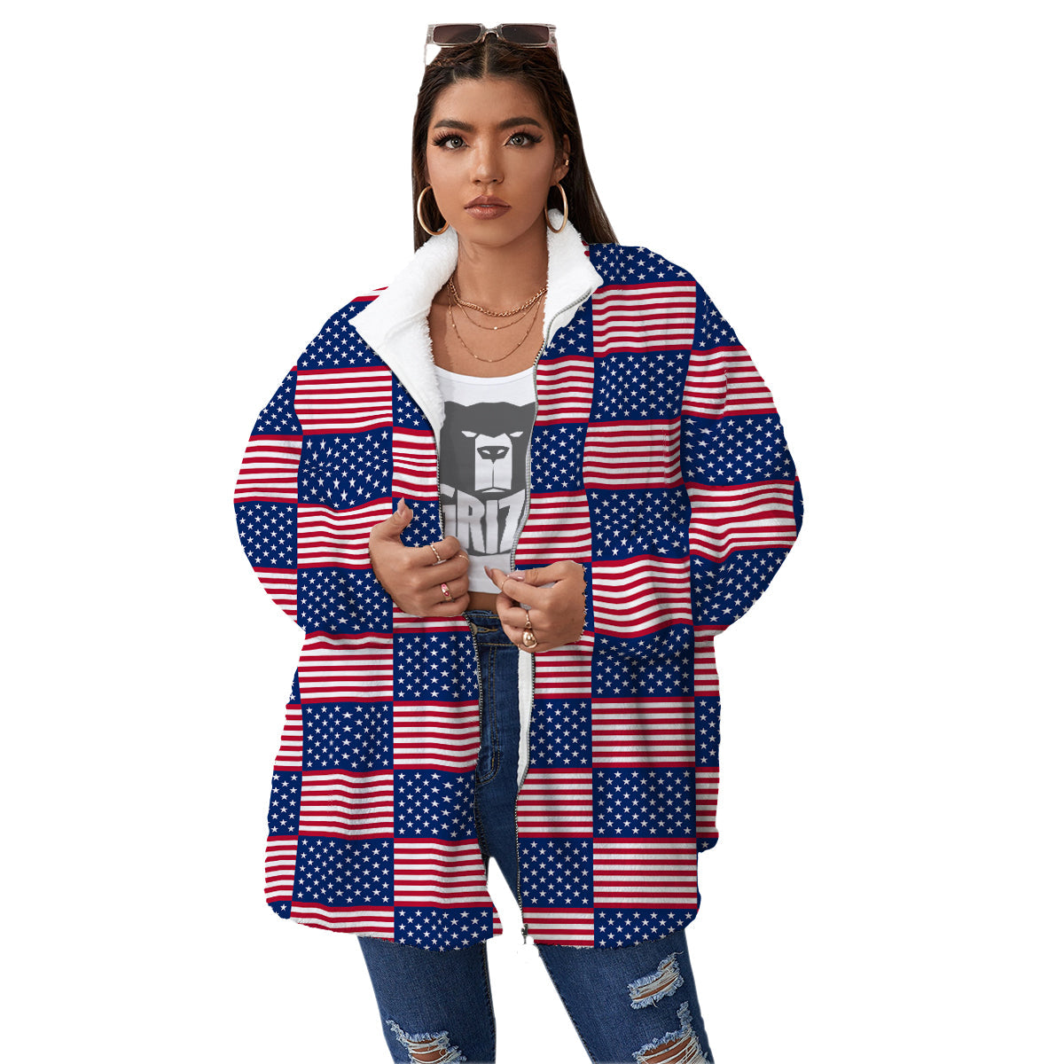 USA Flag 4th of July Print Pattern Women's Sherpa Jacket-grizzshop