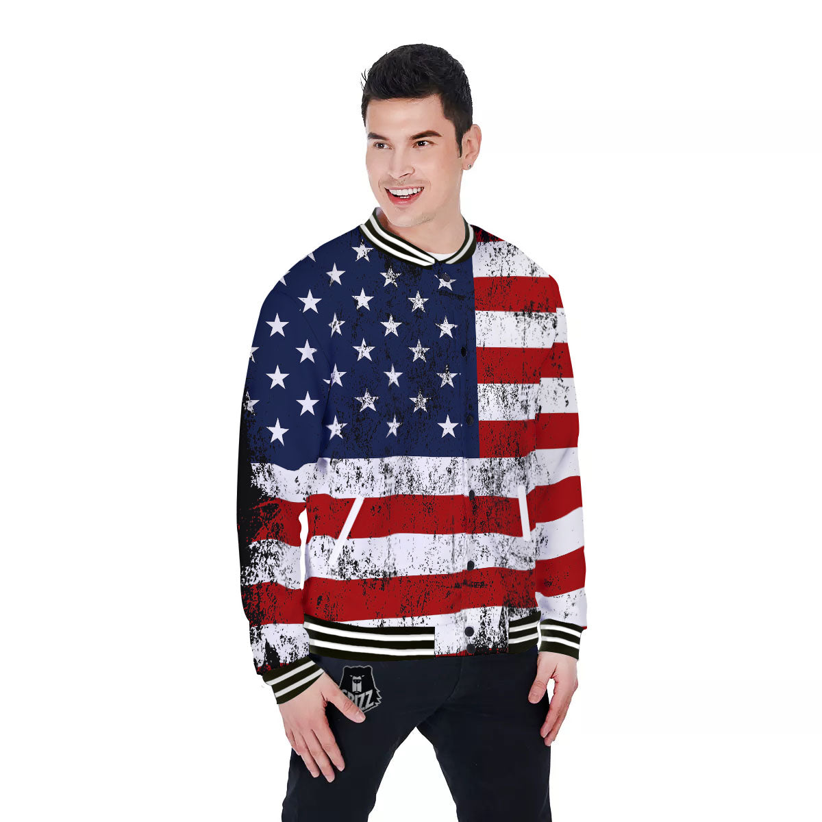 USA Flag Grunge Print Baseball Jacket-grizzshop