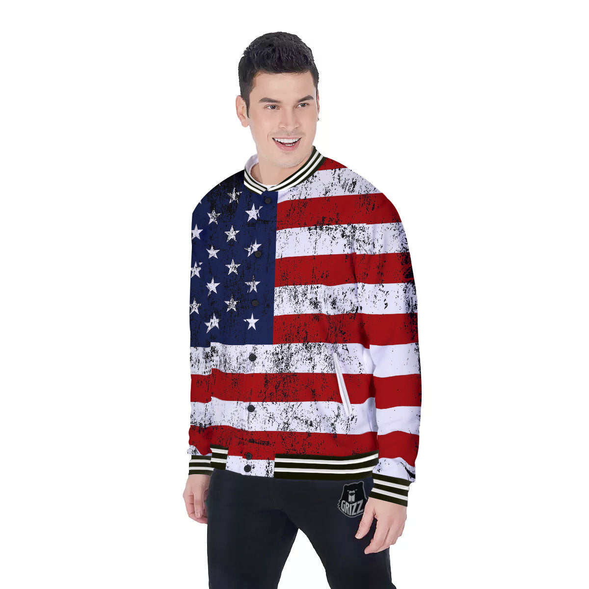 USA Flag Grunge Print Baseball Jacket-grizzshop