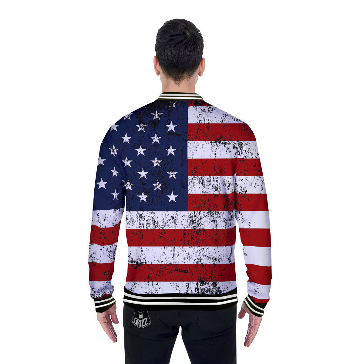 USA Flag Grunge Print Baseball Jacket-grizzshop