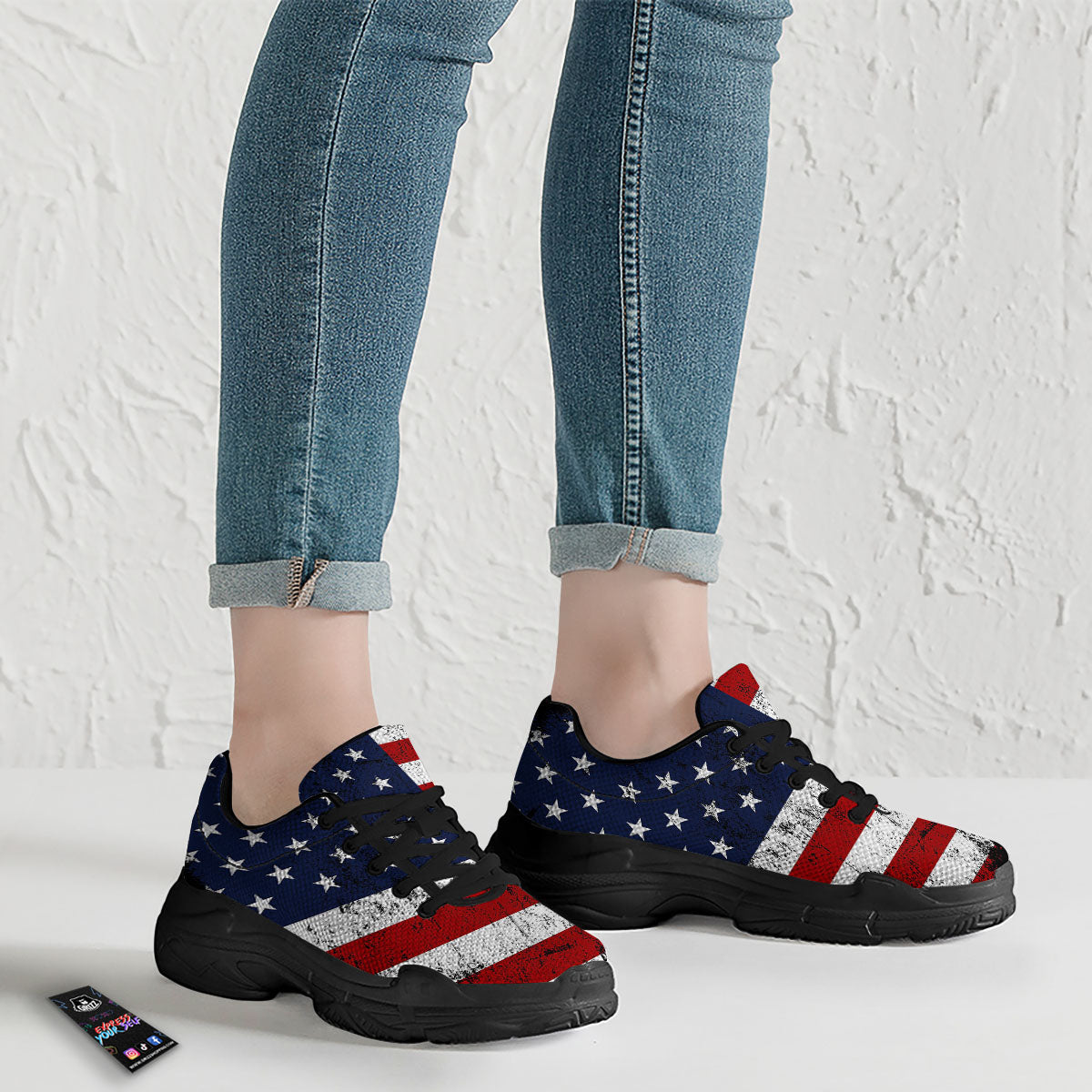 USA Flag Grunge Print Black Chunky Shoes-grizzshop