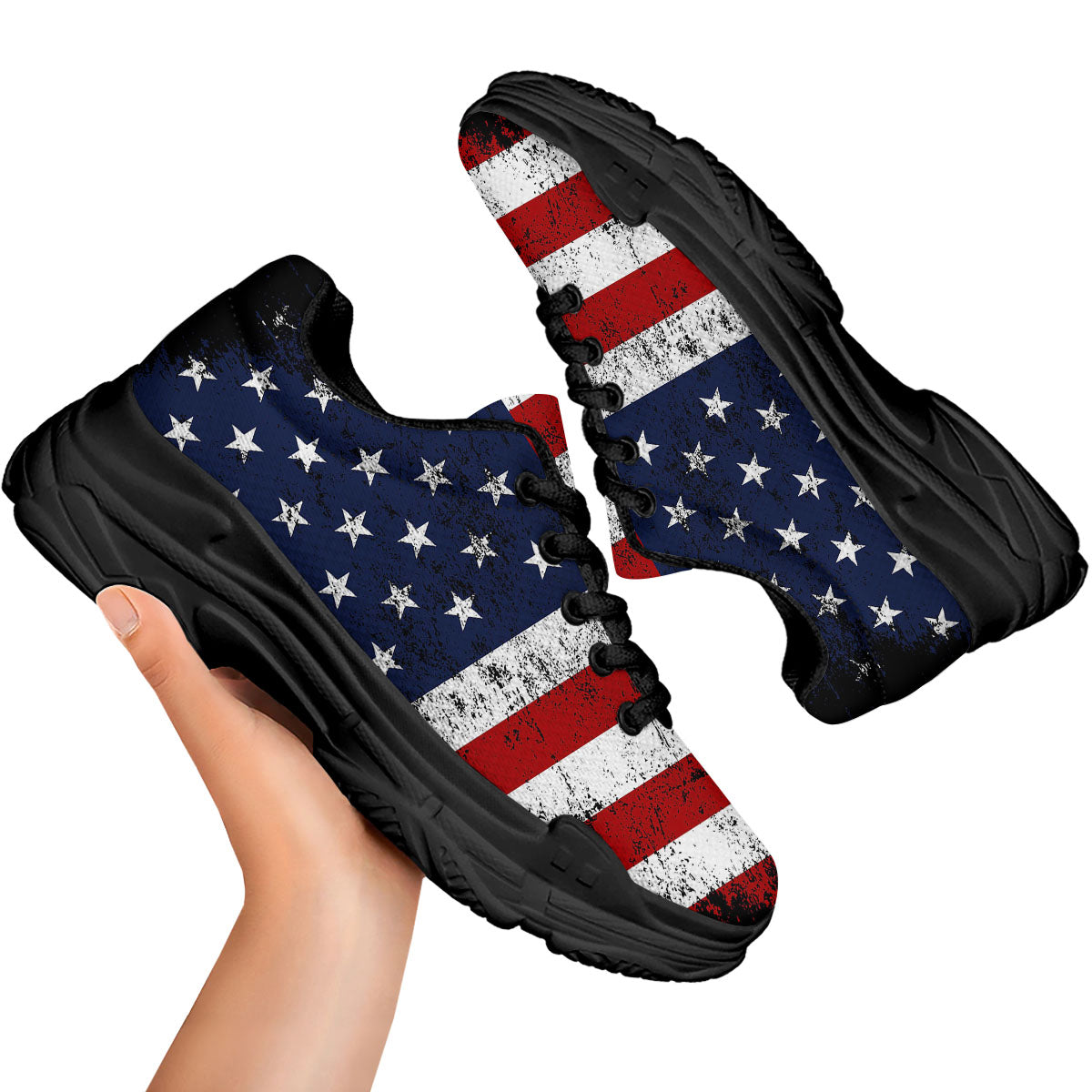 USA Flag Grunge Print Black Chunky Shoes-grizzshop