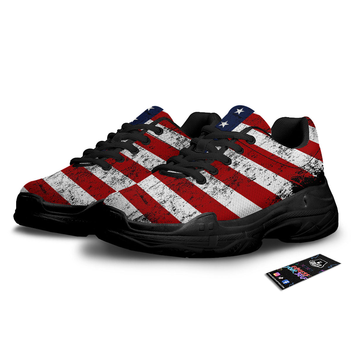 USA Flag Grunge Print Black Chunky Shoes-grizzshop