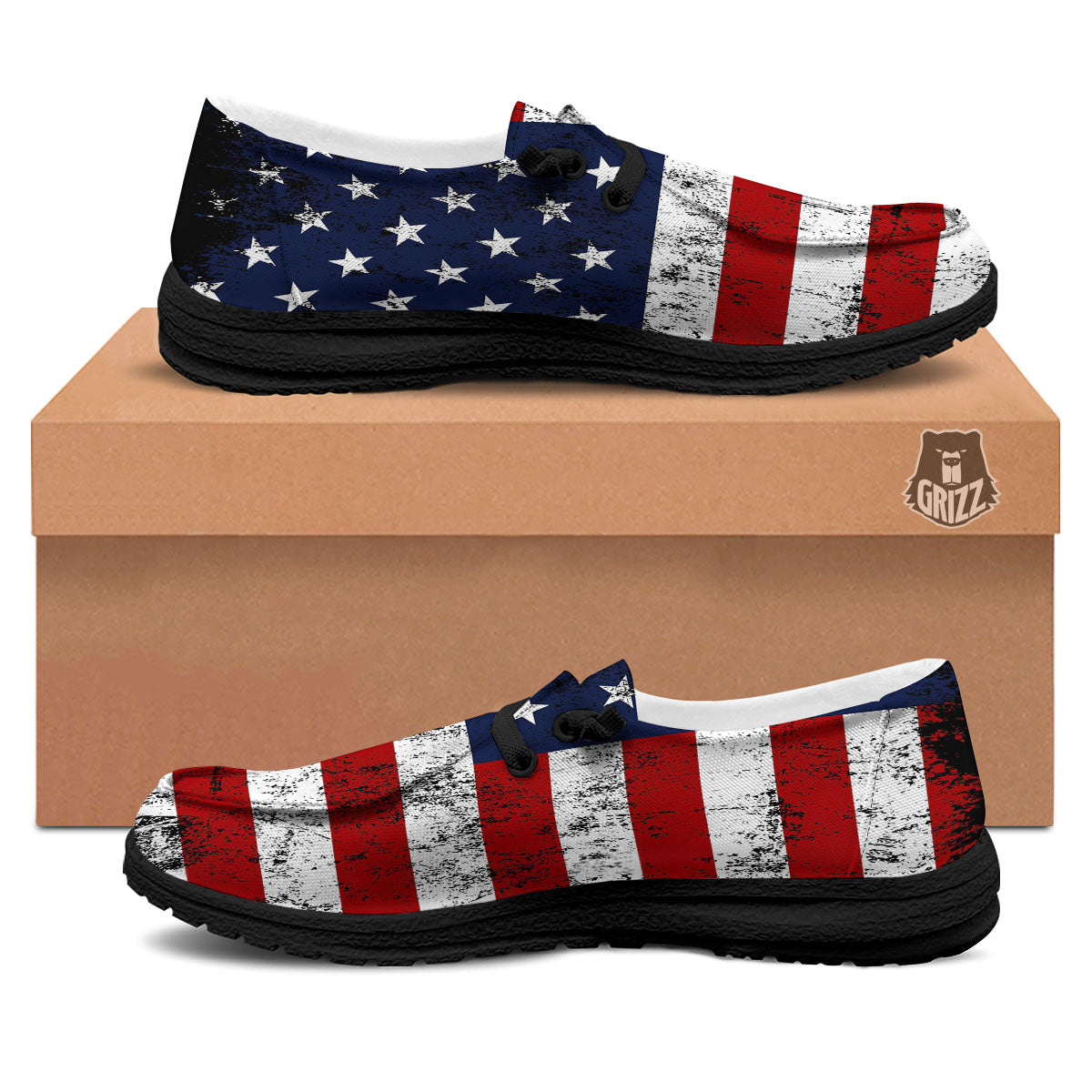 USA Flag Grunge Print Black Loafers-grizzshop