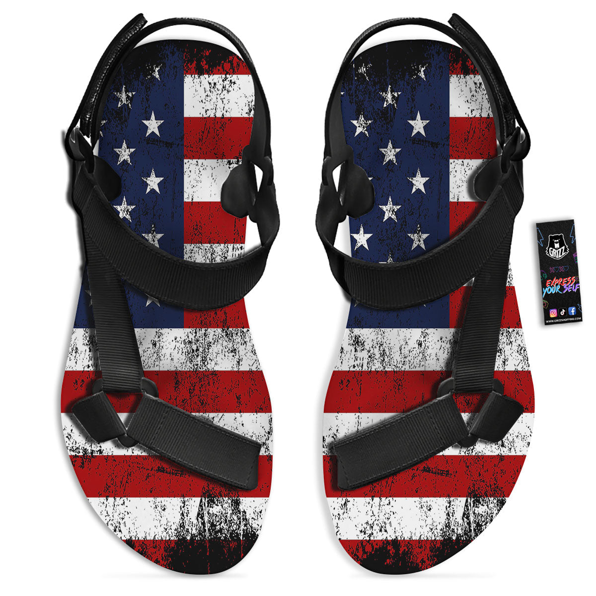 USA Flag Grunge Print Black Open Toe Sandals-grizzshop