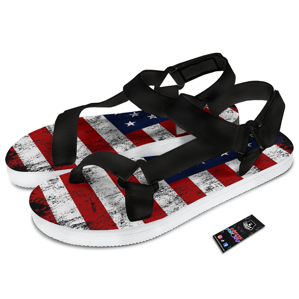 USA Flag Grunge Print Black Open Toe Sandals-grizzshop