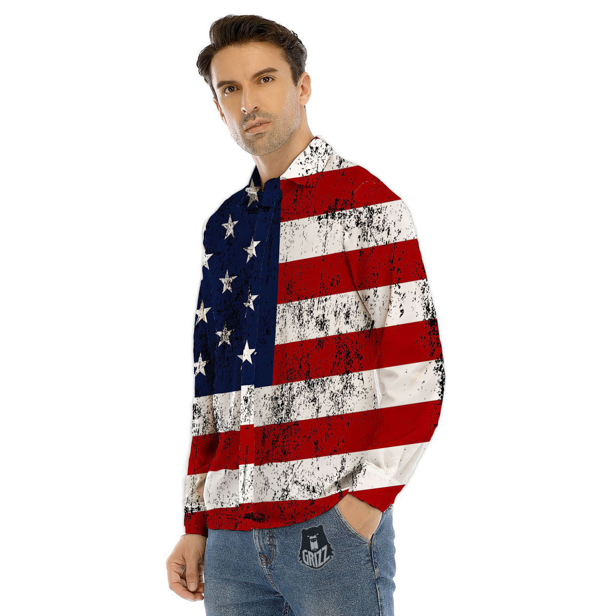 USA Flag Grunge Print Men's Dress Shirts-grizzshop