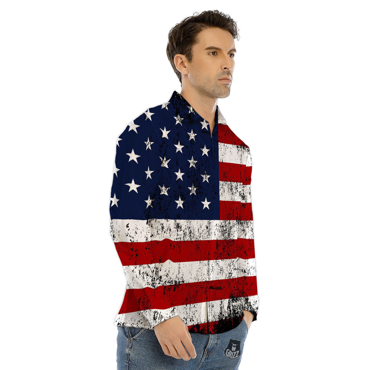 USA Flag Grunge Print Men's Dress Shirts-grizzshop