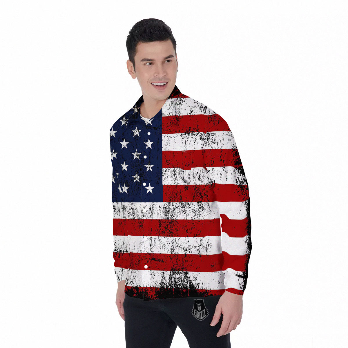 USA Flag Grunge Print Men's Long Sleeve Shirts-grizzshop