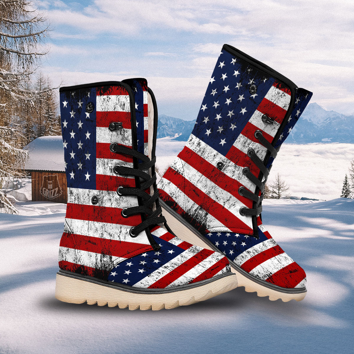 USA Flag Grunge Print Snow Boots-grizzshop