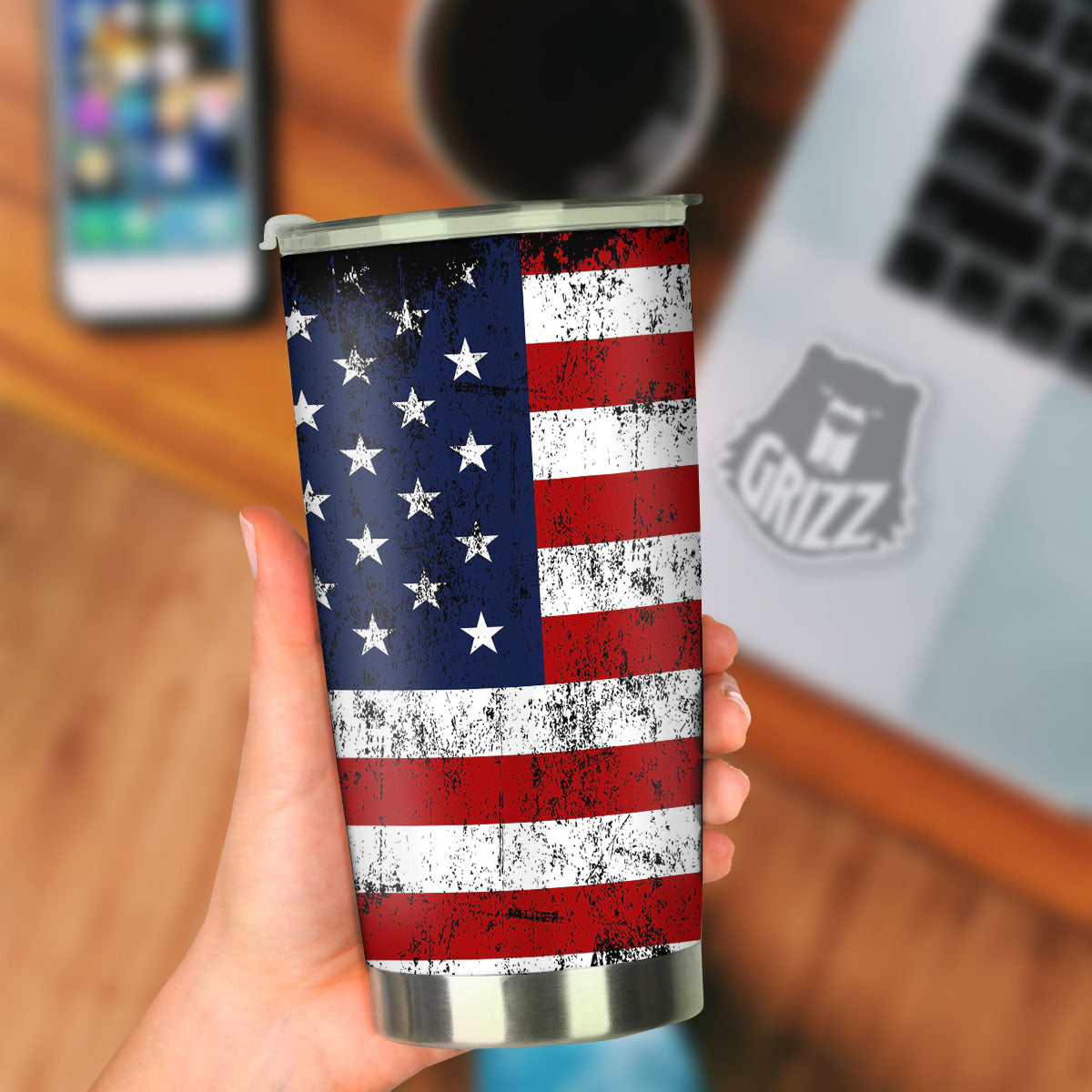 USA Flag Grunge Print Tumbler-grizzshop