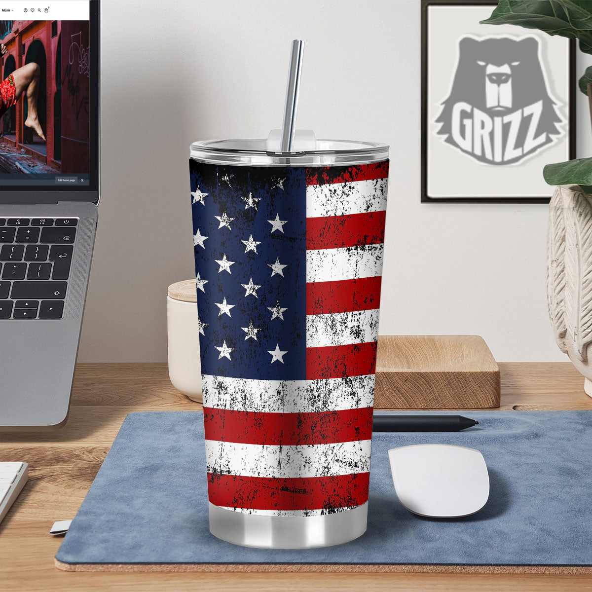 USA Flag Grunge Print Tumbler-grizzshop