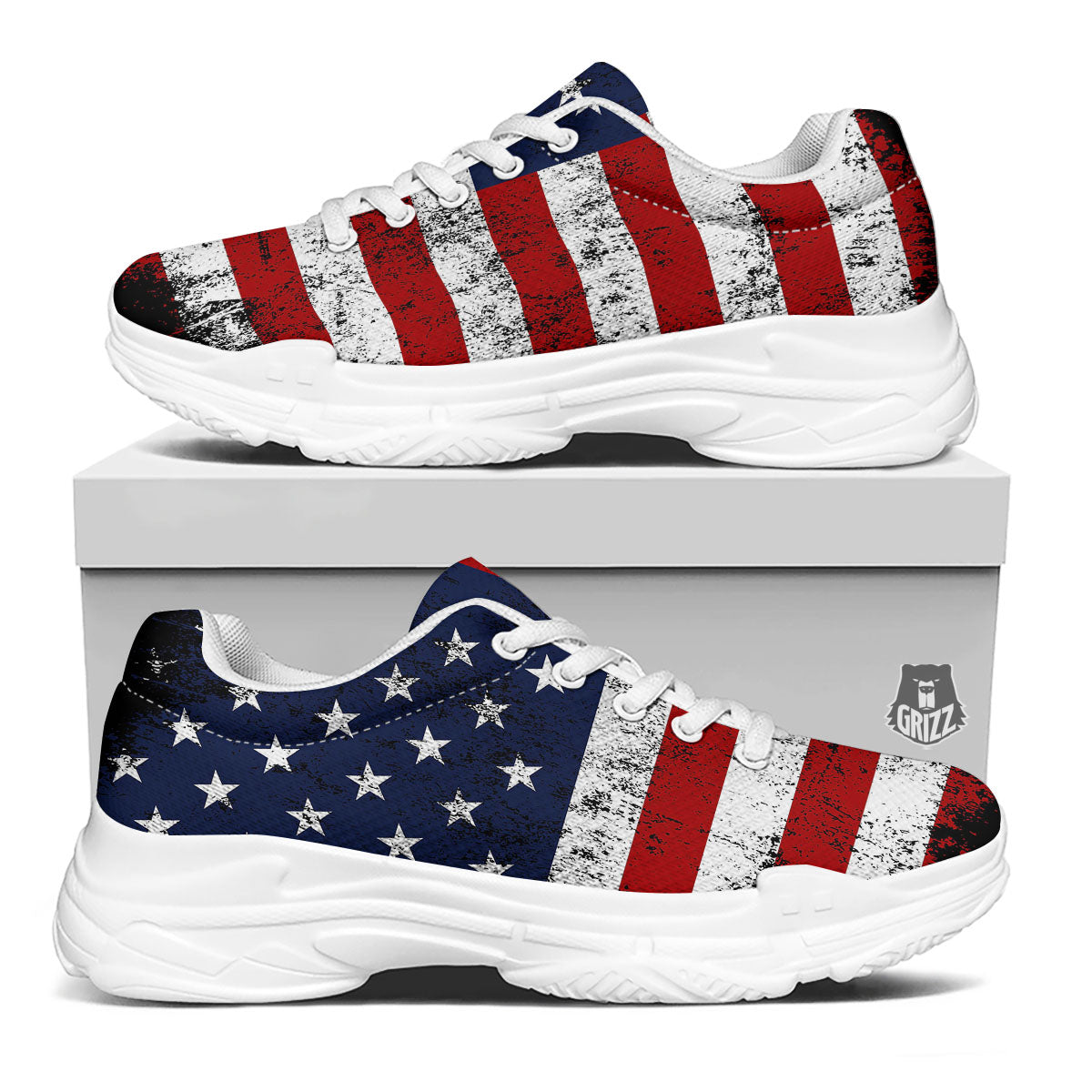 USA Flag Grunge Print White Chunky Shoes-grizzshop