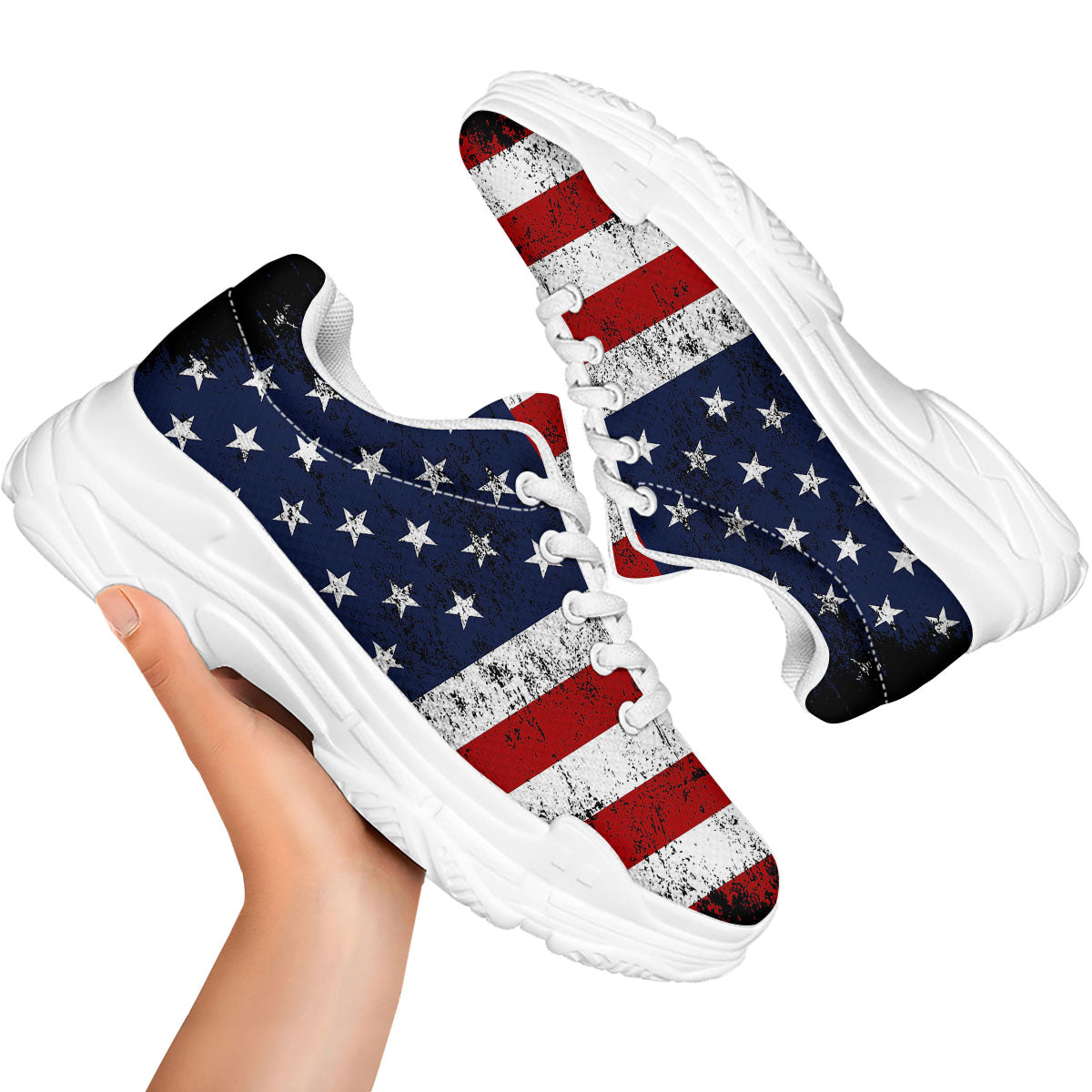 USA Flag Grunge Print White Chunky Shoes-grizzshop